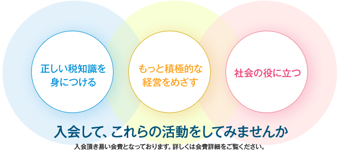 ・正しい税知識を身につける・もっと積極的な経営をめざす・社会の役に立つ 入会して、これらの活動をしてみませんか。 入会頂き易い会費となっております。詳しくは会費詳細をご覧ください。